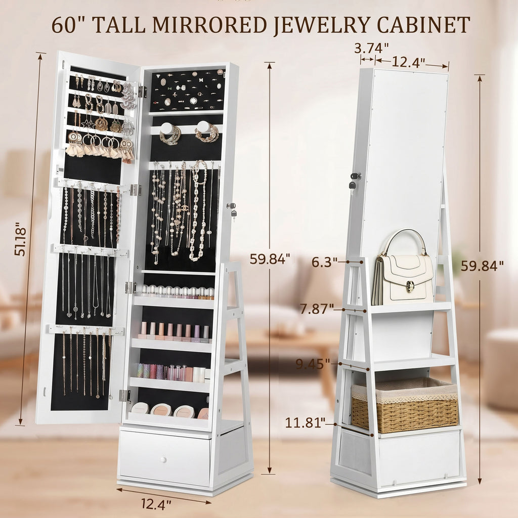 Skyhill 360°Swivel Jewelry Armoire, 60" Full Length Mirror Cabinet with 3 Rear Shelves, Bottom Drawer, White