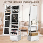 Skyhill 360°Swivel Jewelry Armoire, 60" Full Length Mirror Cabinet with 3 Rear Shelves, Bottom Drawer, White