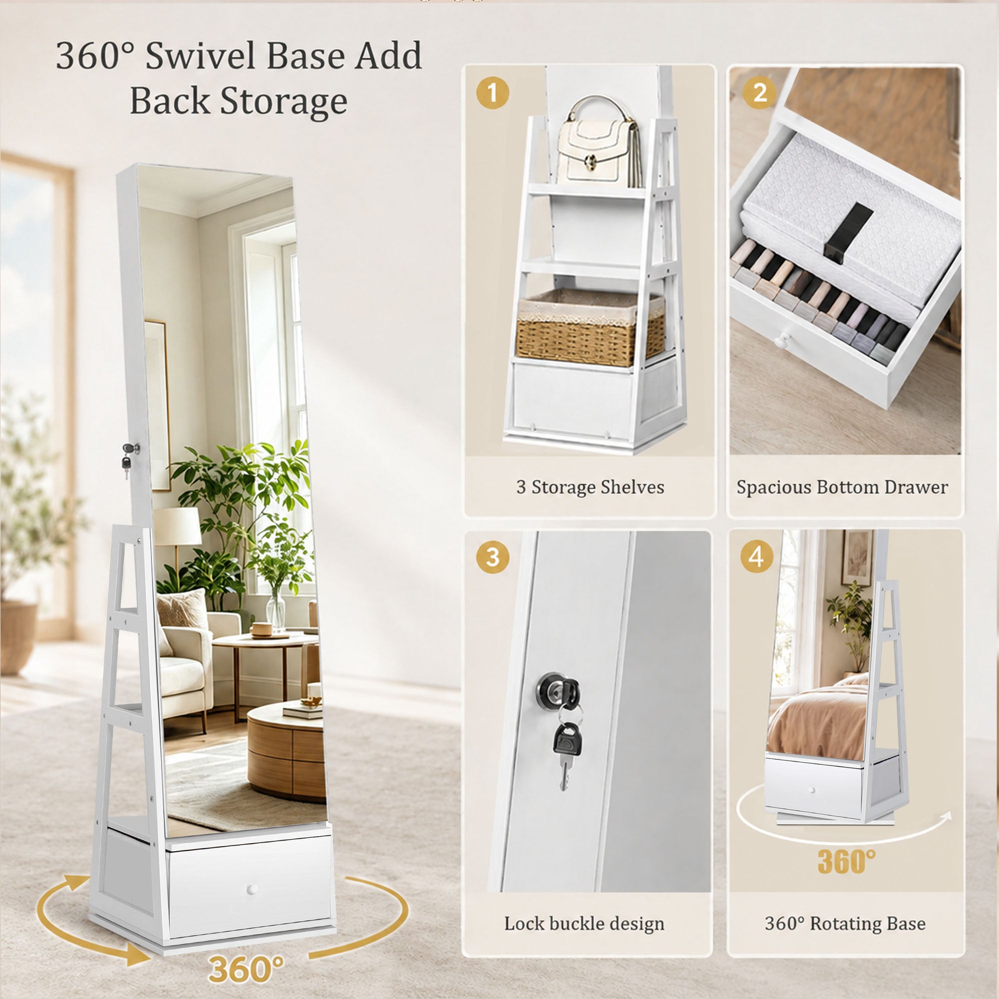 Skyhill 360°Swivel Jewelry Armoire, 60" Full Length Mirror Cabinet with 3 Rear Shelves, Bottom Drawer, White