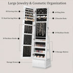 Skyhill 360°Swivel Jewelry Armoire, 60" Full Length Mirror Cabinet with 3 Rear Shelves, Bottom Drawer, White