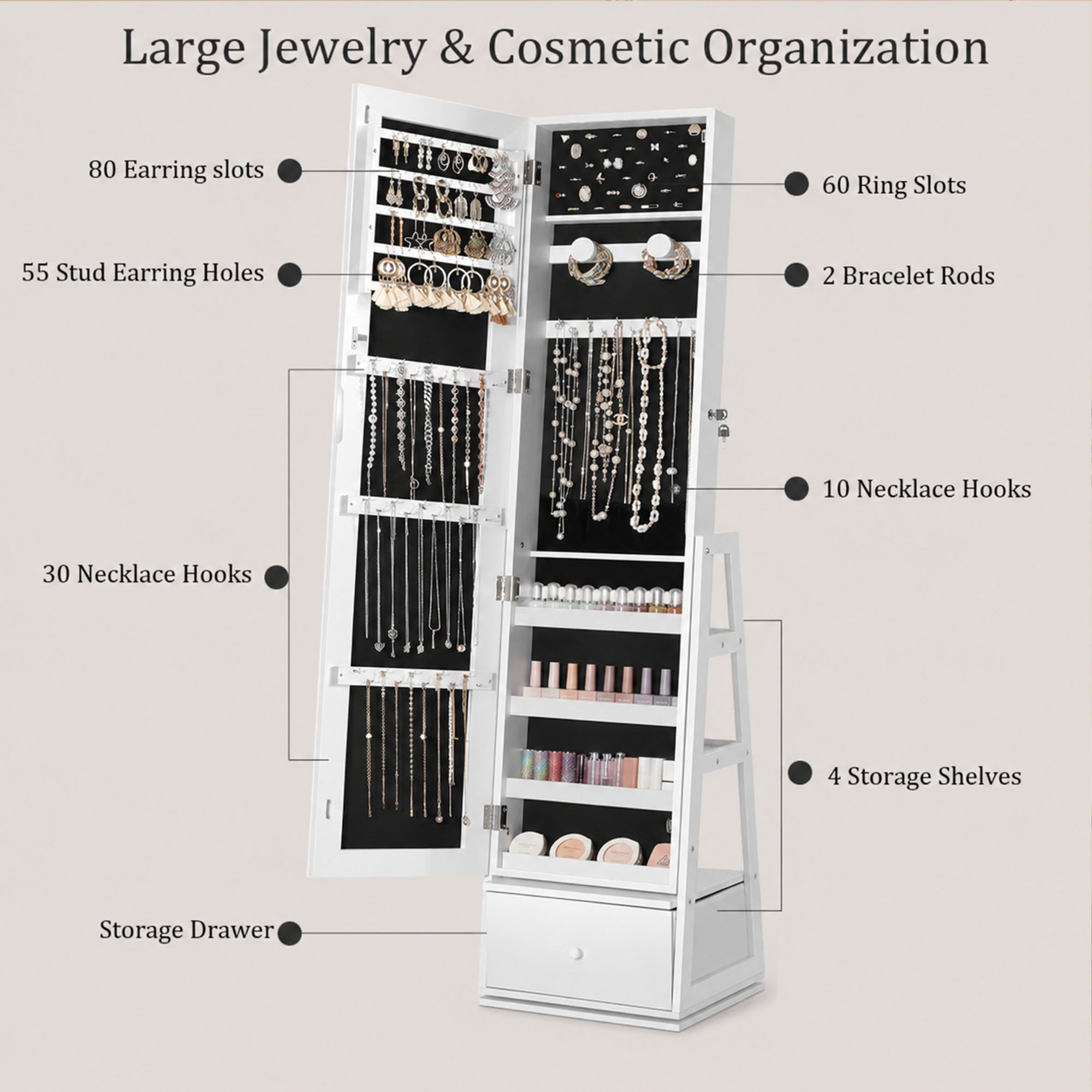 Skyhill 360°Swivel Jewelry Armoire, 60" Full Length Mirror Cabinet with 3 Rear Shelves, Bottom Drawer, White