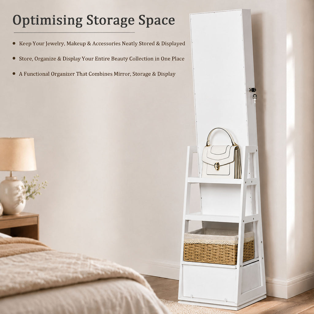 Skyhill 360°Swivel Jewelry Armoire, 60" Full Length Mirror Cabinet with 3 Rear Shelves, Bottom Drawer, White