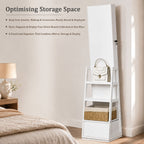Skyhill 360°Swivel Jewelry Armoire, 60" Full Length Mirror Cabinet with 3 Rear Shelves, Bottom Drawer, White