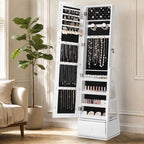 Skyhill 360°Swivel Jewelry Armoire, 60" Full Length Mirror Cabinet with 3 Rear Shelves, Bottom Drawer, White