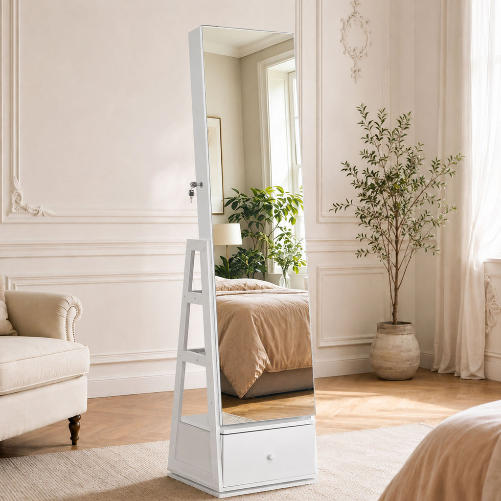 Skyhill 360°Swivel Jewelry Armoire, 60" Full Length Mirror Cabinet with 3 Rear Shelves, Bottom Drawer, White