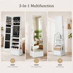 Skyhill 360°Swivel Jewelry Armoire, 60" Full Length Mirror Cabinet with 3 Rear Shelves, Bottom Drawer, White