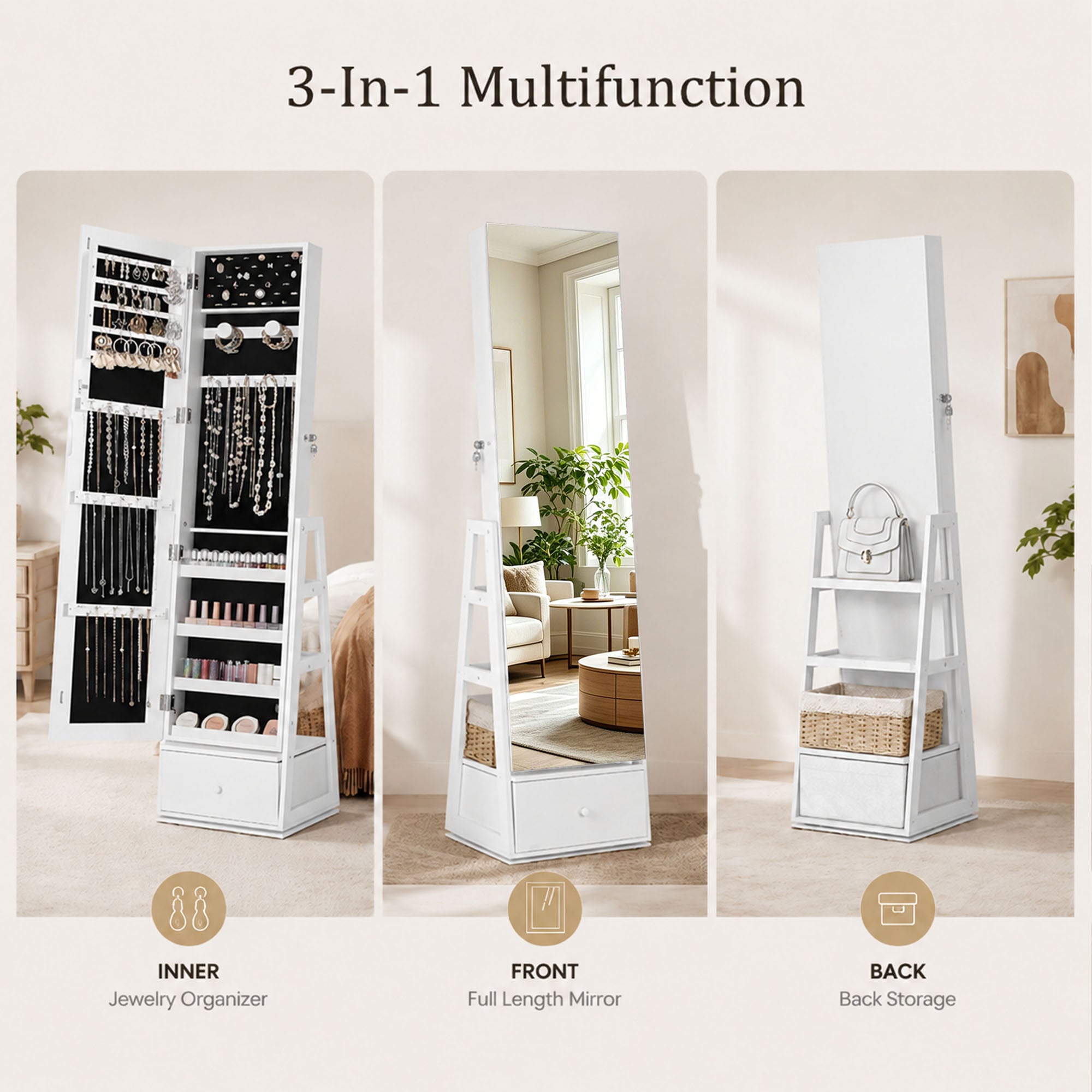 Skyhill 360°Swivel Jewelry Armoire, 60" Full Length Mirror Cabinet with 3 Rear Shelves, Bottom Drawer, White
