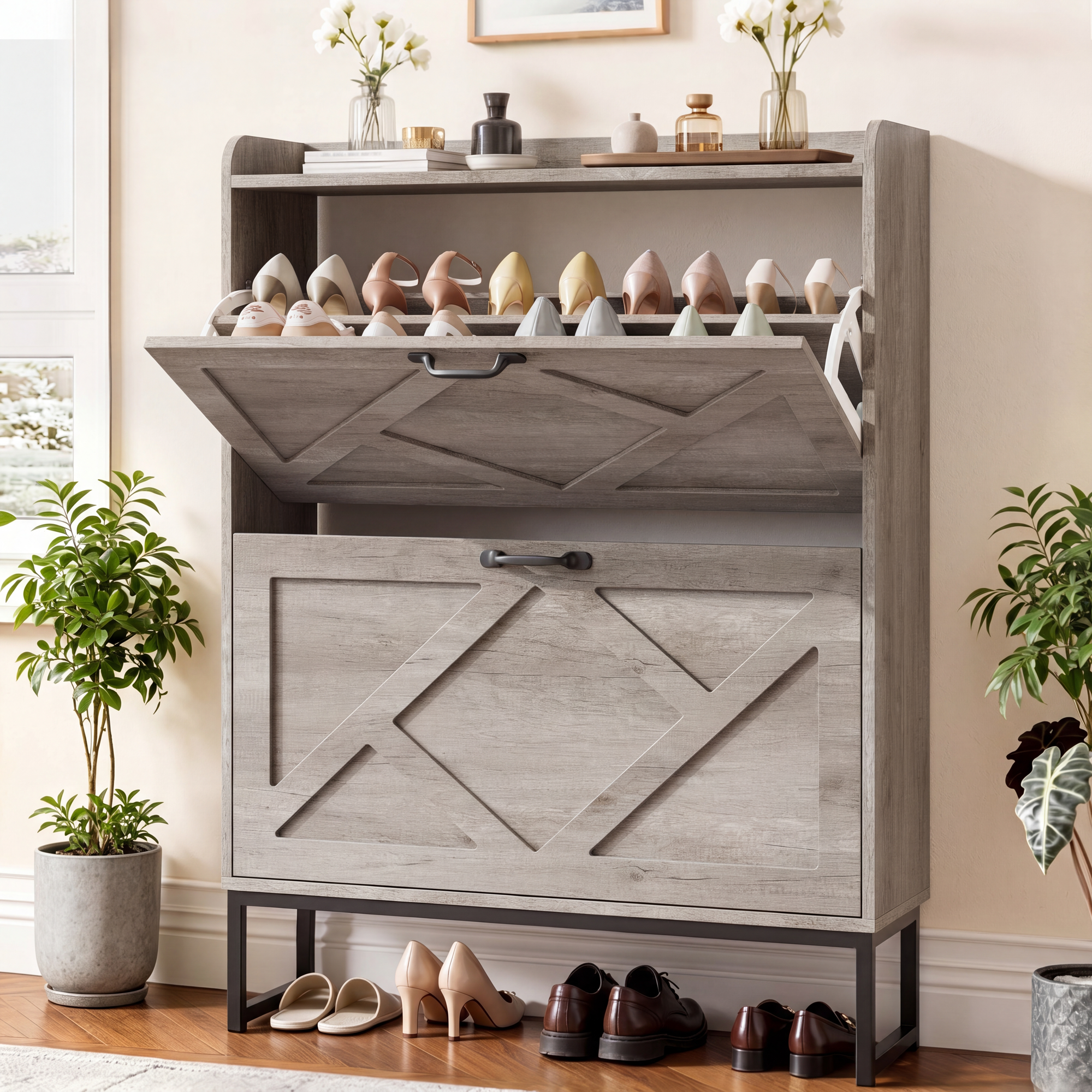 Skyhill Shoe Cabinet with 2 Flip Drawers,Farmhouse Shoe Organizer for Entryway,Gray