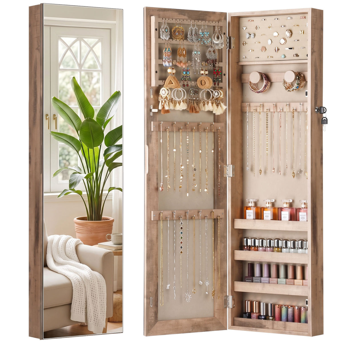 Skyhill Jewelry Cabinet,40in Jewelry Armoire Organizer,Mirror without borders,Door or Wall Mounted（Wood color）