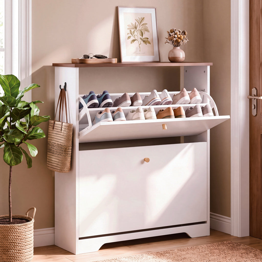 Skyhill Shoe Cabinet with 2 Flip Drawers,Freestanding Shoe Storage Organizer,White & Walnut 2-Tone Narrow Shoe Rack for Entryway,White