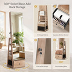 Skyhill 360°Swivel Jewelry Armoire, 60" Full Length Mirror Cabinet with 3 Rear Shelves, Bottom Drawer, Oak