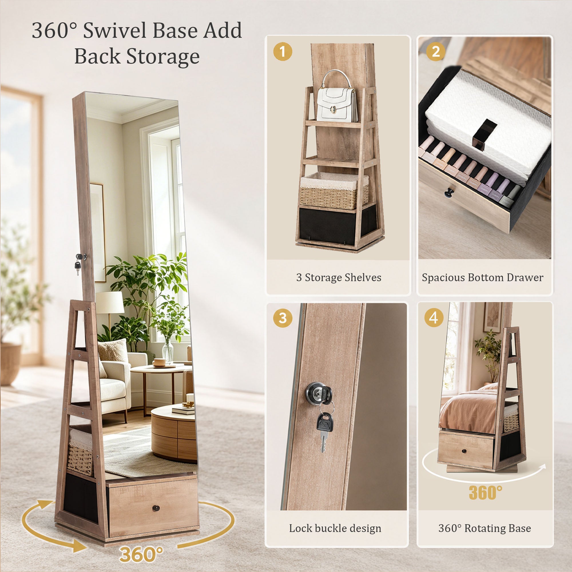 Skyhill 360°Swivel Jewelry Armoire, 60" Full Length Mirror Cabinet with 3 Rear Shelves, Bottom Drawer, Oak