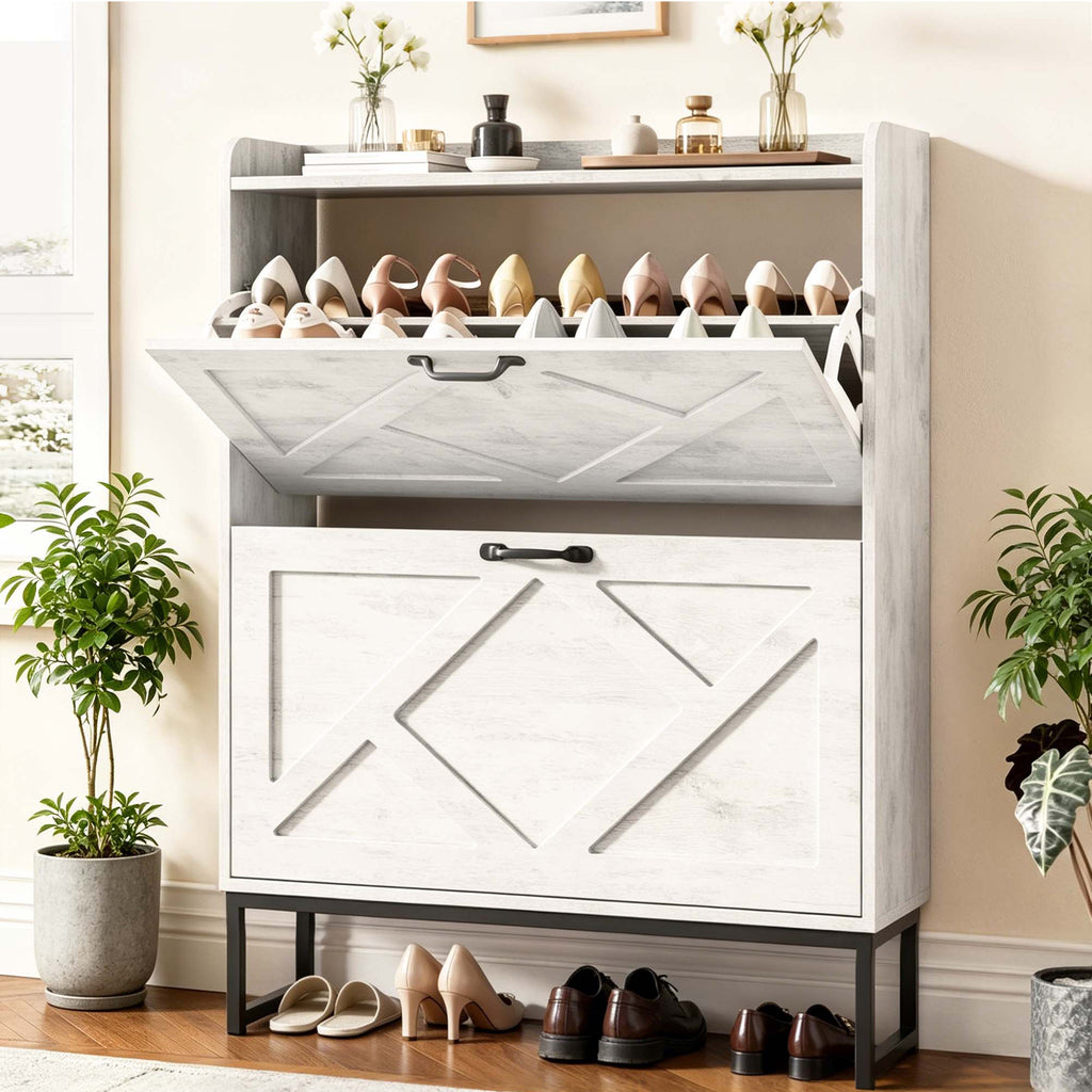 Skyhill Shoe Cabinet with 2 Flip Drawers,Farmhouse Shoe Organizer for Entryway,White