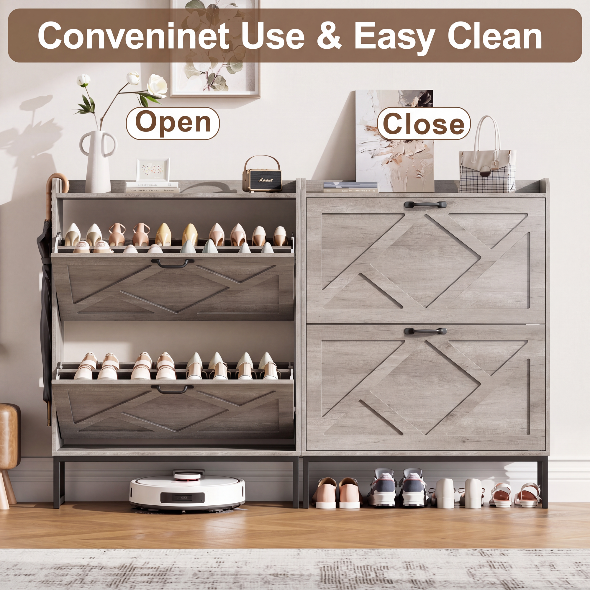 Skyhill Shoe Cabinet with 2 Flip Drawers,Farmhouse Shoe Organizer for Entryway,Gray