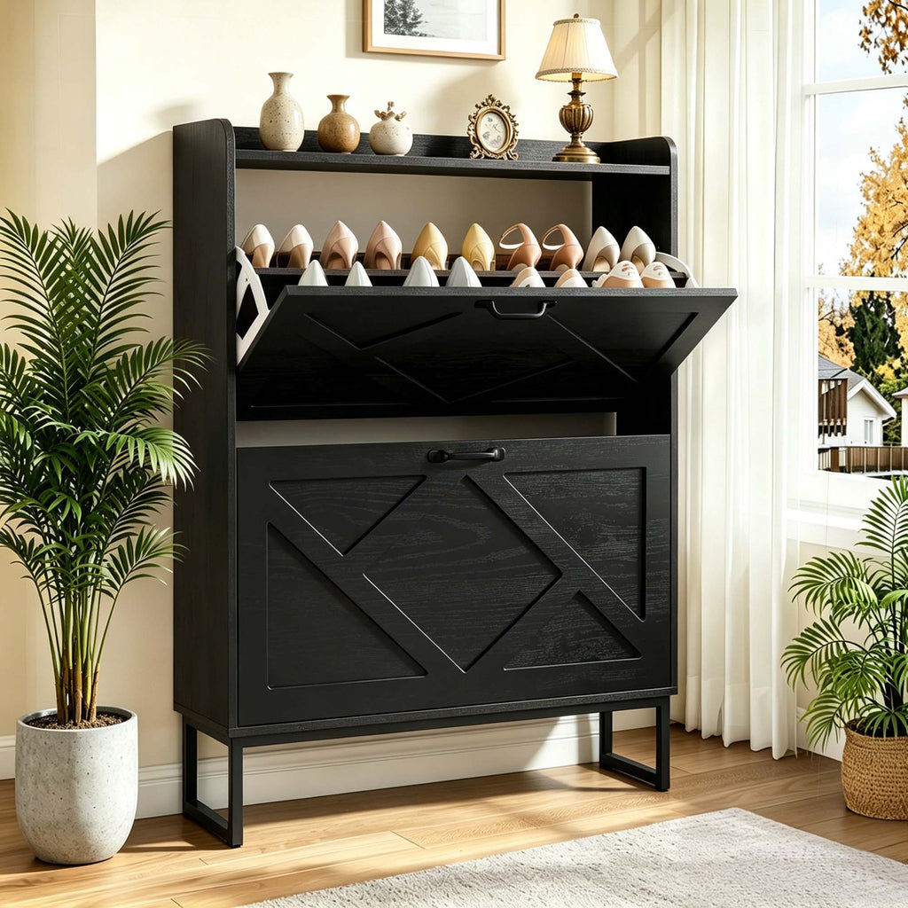 Skyhill Shoe Cabinet with 2 Flip Drawers,Farmhouse Shoe Organizer for Entryway,Black