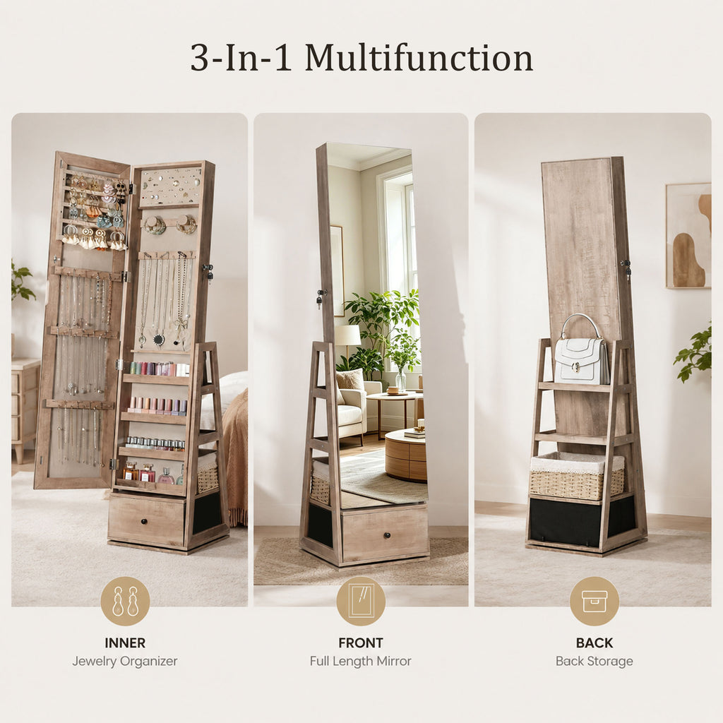 Skyhill 360°Swivel Jewelry Armoire, 60" Full Length Mirror Cabinet with 3 Rear Shelves, Bottom Drawer, Oak
