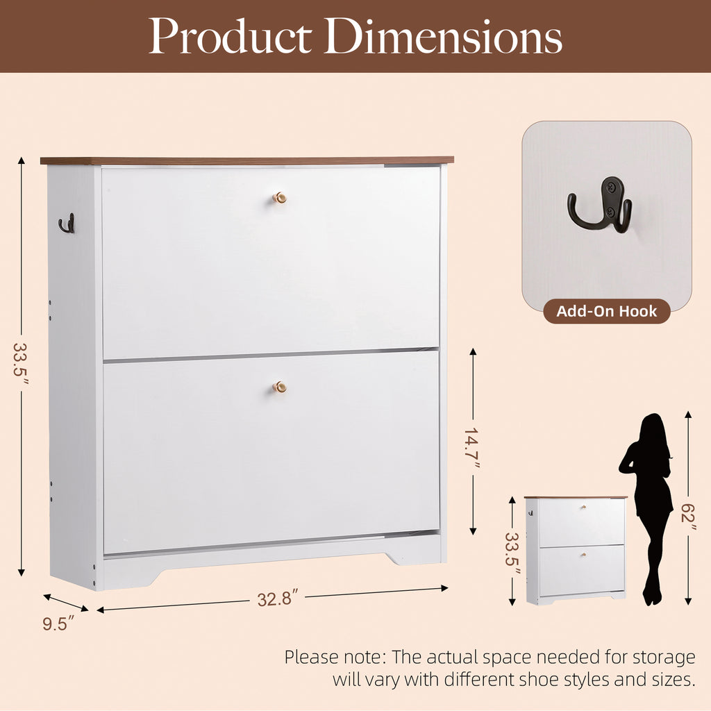 Skyhill Shoe Cabinet with 2 Flip Drawers,Freestanding Shoe Storage Organizer,White & Walnut 2-Tone Narrow Shoe Rack for Entryway,White