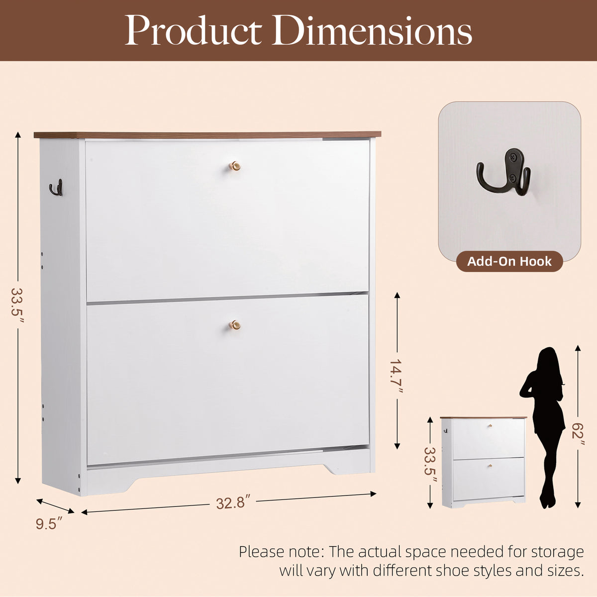 Skyhill Shoe Cabinet with 2 Flip Drawers,Freestanding Shoe Storage Organizer,White & Walnut 2-Tone Narrow Shoe Rack for Entryway,White