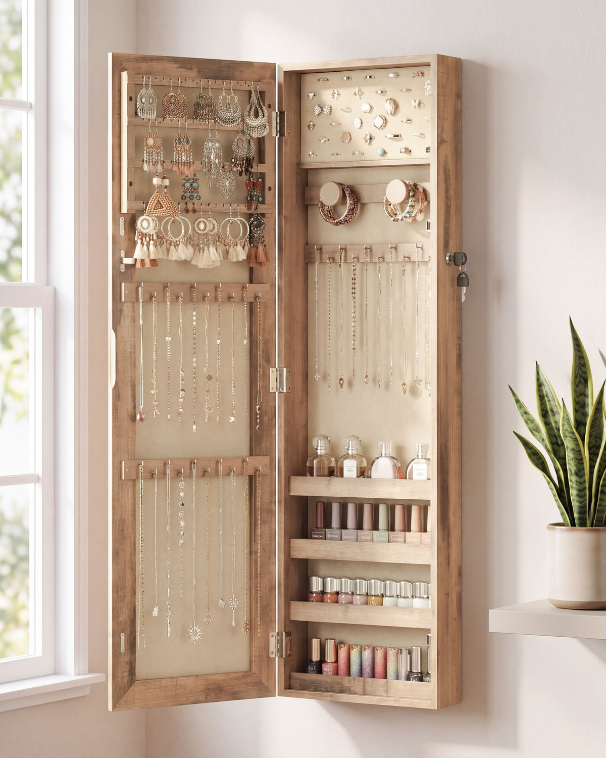 Skyhill Jewelry Cabinet,40in Jewelry Armoire Organizer,Mirror without borders,Door or Wall Mounted（Wood color）