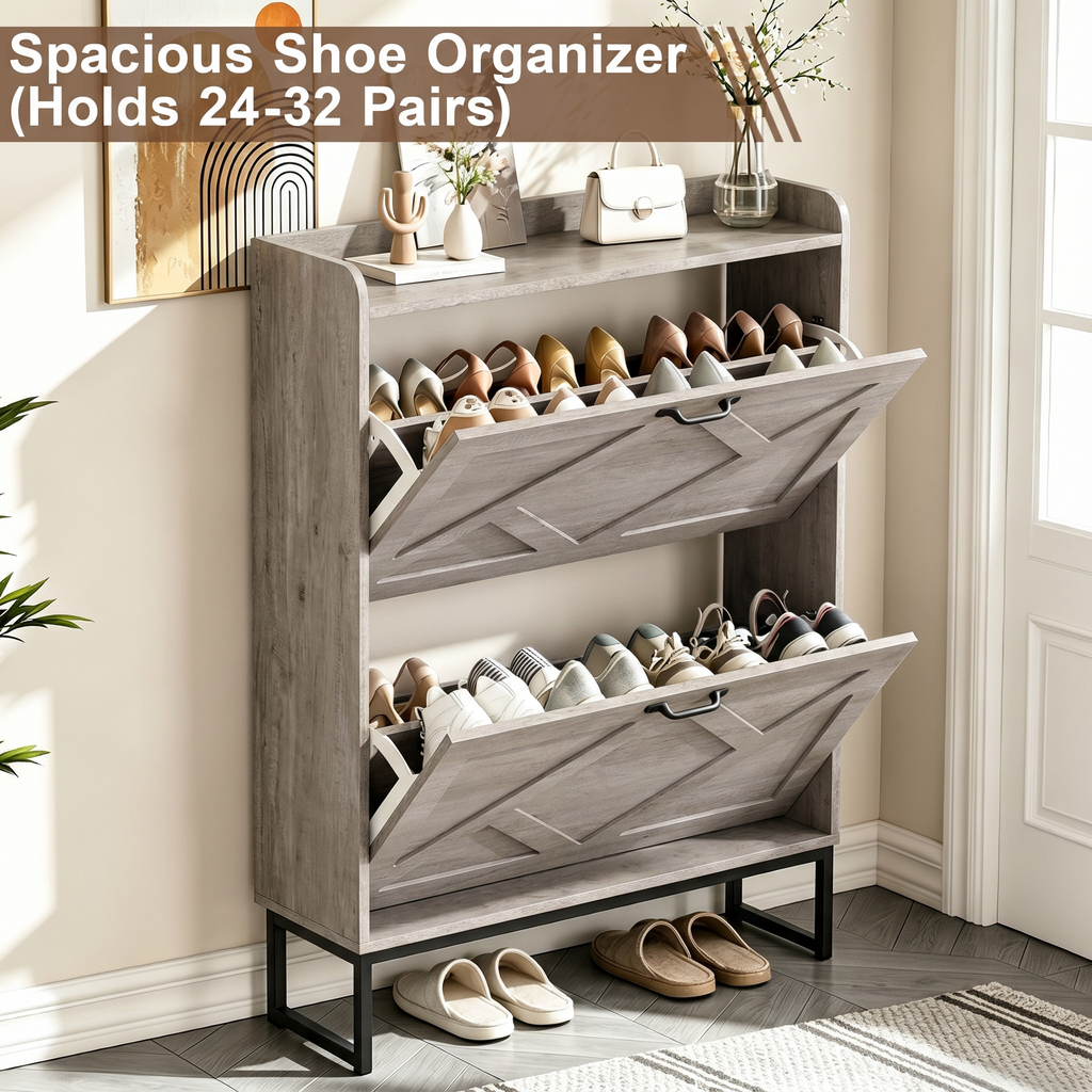 Skyhill Shoe Cabinet with 2 Flip Drawers,Farmhouse Shoe Organizer for Entryway,Gray