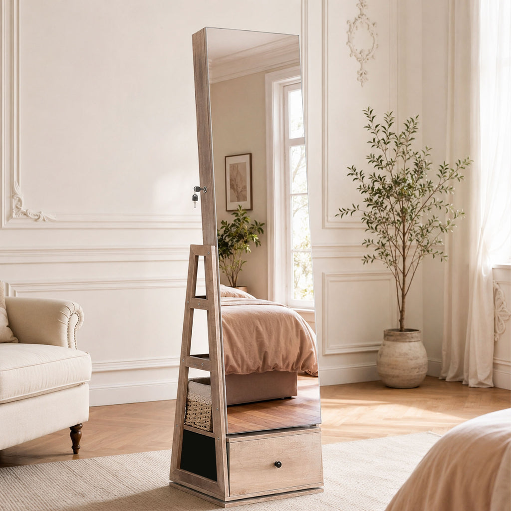 Skyhill 360°Swivel Jewelry Armoire, 60" Full Length Mirror Cabinet with 3 Rear Shelves, Bottom Drawer, Oak
