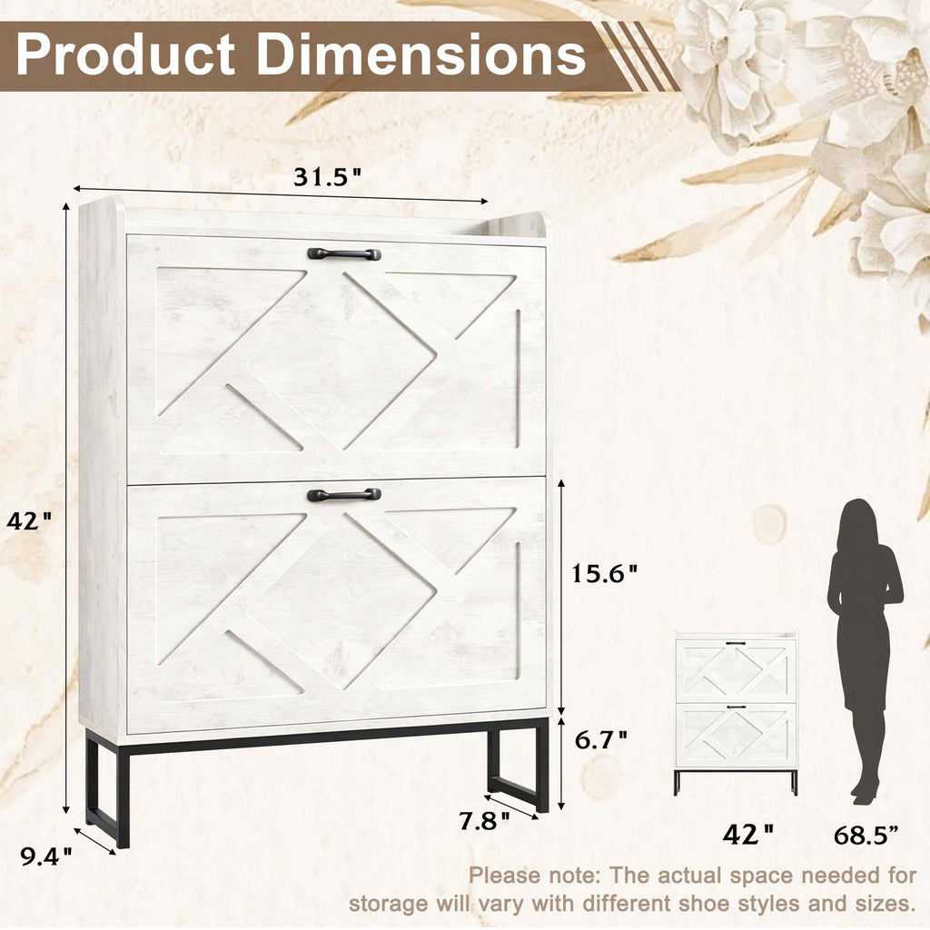 Skyhill Shoe Cabinet with 2 Flip Drawers,Farmhouse Shoe Organizer for Entryway,White