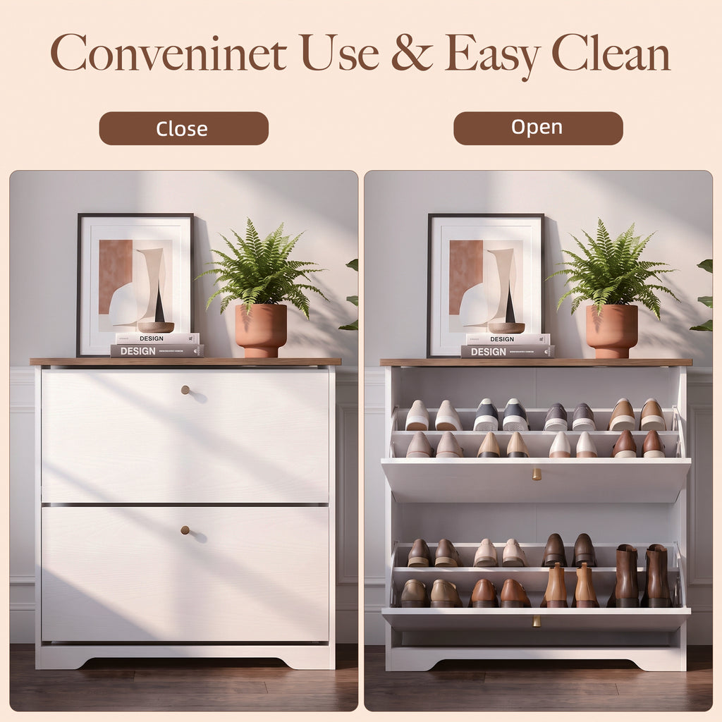 Skyhill Shoe Cabinet with 2 Flip Drawers,Freestanding Shoe Storage Organizer,White & Walnut 2-Tone Narrow Shoe Rack for Entryway,White