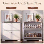 Skyhill Shoe Cabinet with 2 Flip Drawers,Freestanding Shoe Storage Organizer,White & Walnut 2-Tone Narrow Shoe Rack for Entryway,White