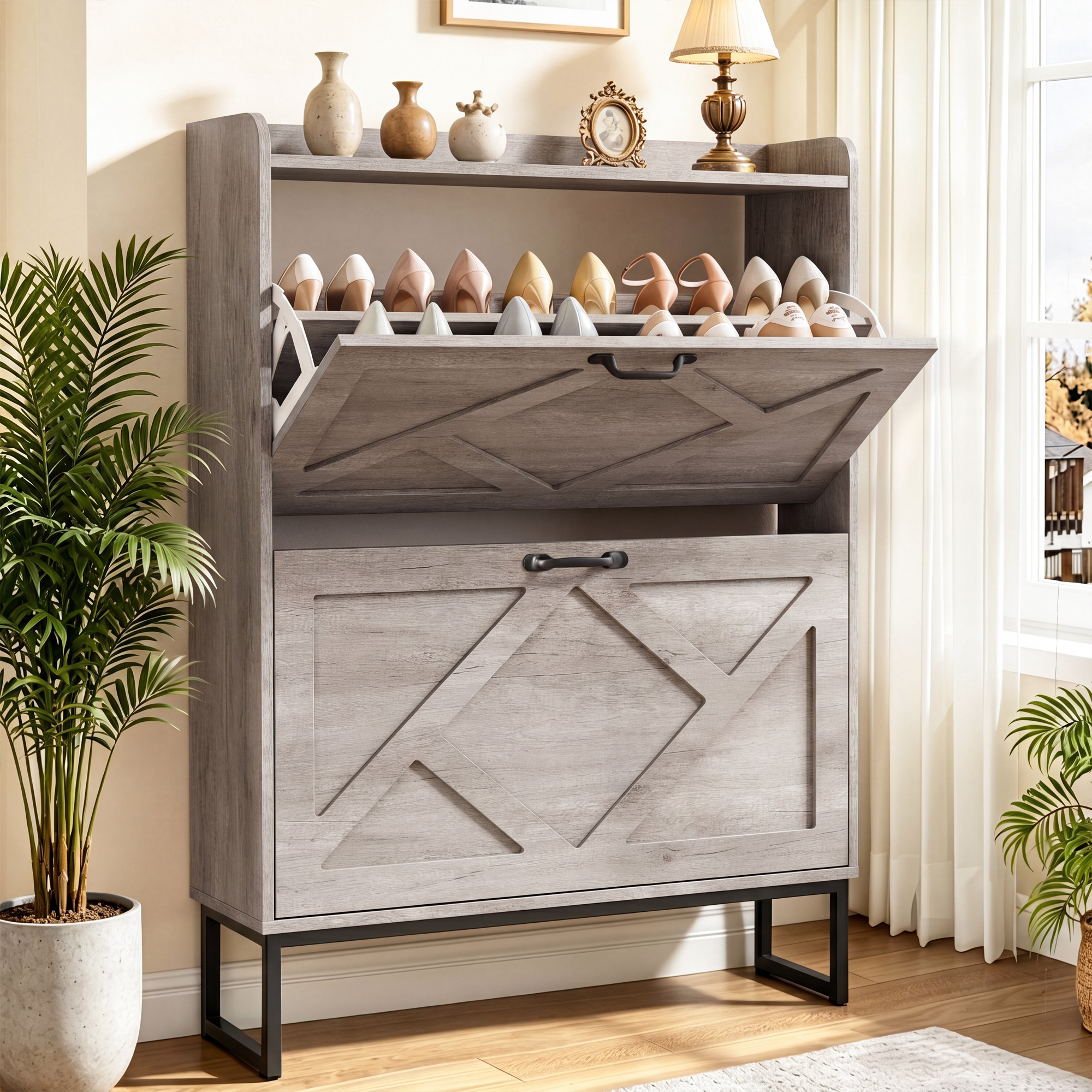 Skyhill Shoe Cabinet with 2 Flip Drawers,Farmhouse Shoe Organizer for Entryway,Gray