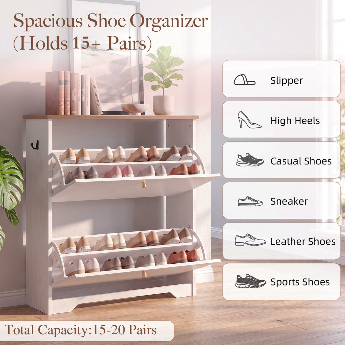 Skyhill Shoe Cabinet with 2 Flip Drawers,Freestanding Shoe Storage Organizer,White & Walnut 2-Tone Narrow Shoe Rack for Entryway,White