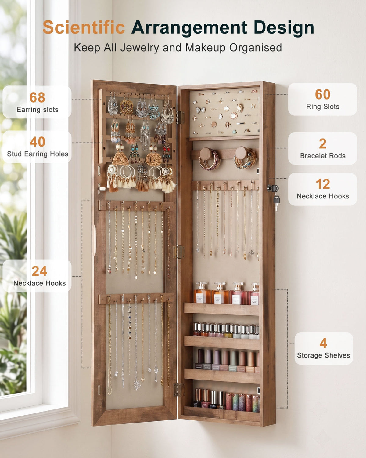 Skyhill Jewelry Cabinet,40in Jewelry Armoire Organizer,Mirror without borders,Door or Wall Mounted（Wood color）