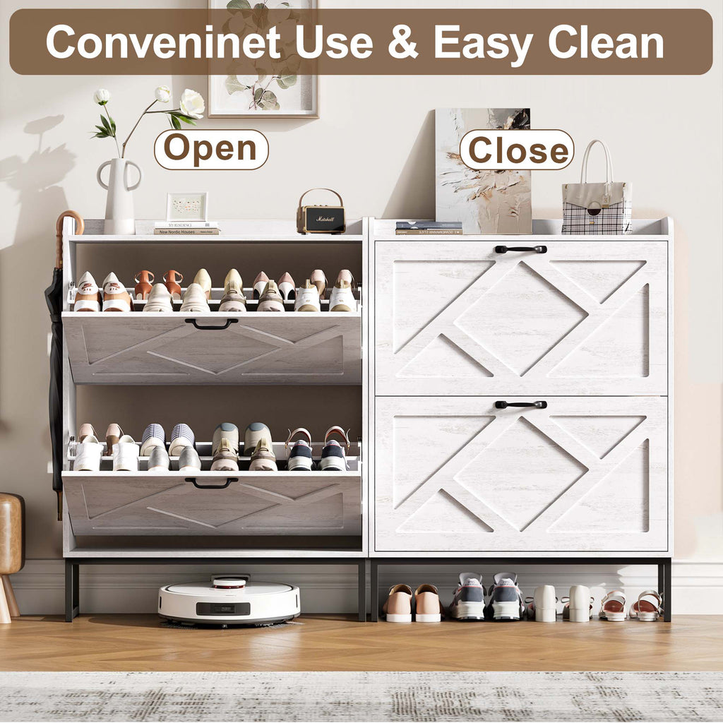 Skyhill Shoe Cabinet with 2 Flip Drawers,Farmhouse Shoe Organizer for Entryway,White