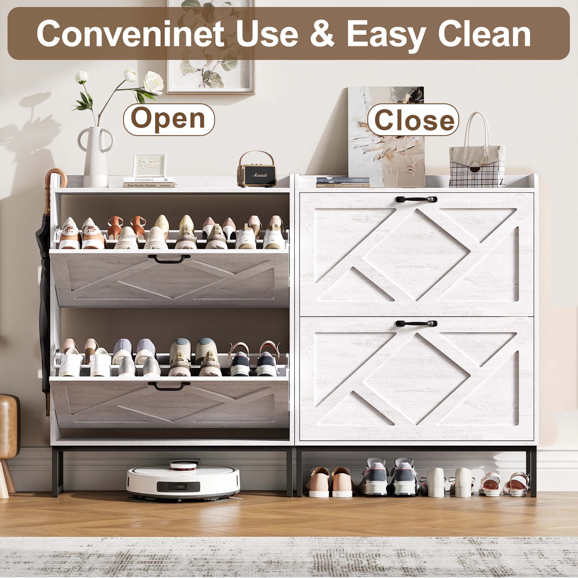 Skyhill Shoe Cabinet with 2 Flip Drawers,Farmhouse Shoe Organizer for Entryway,White