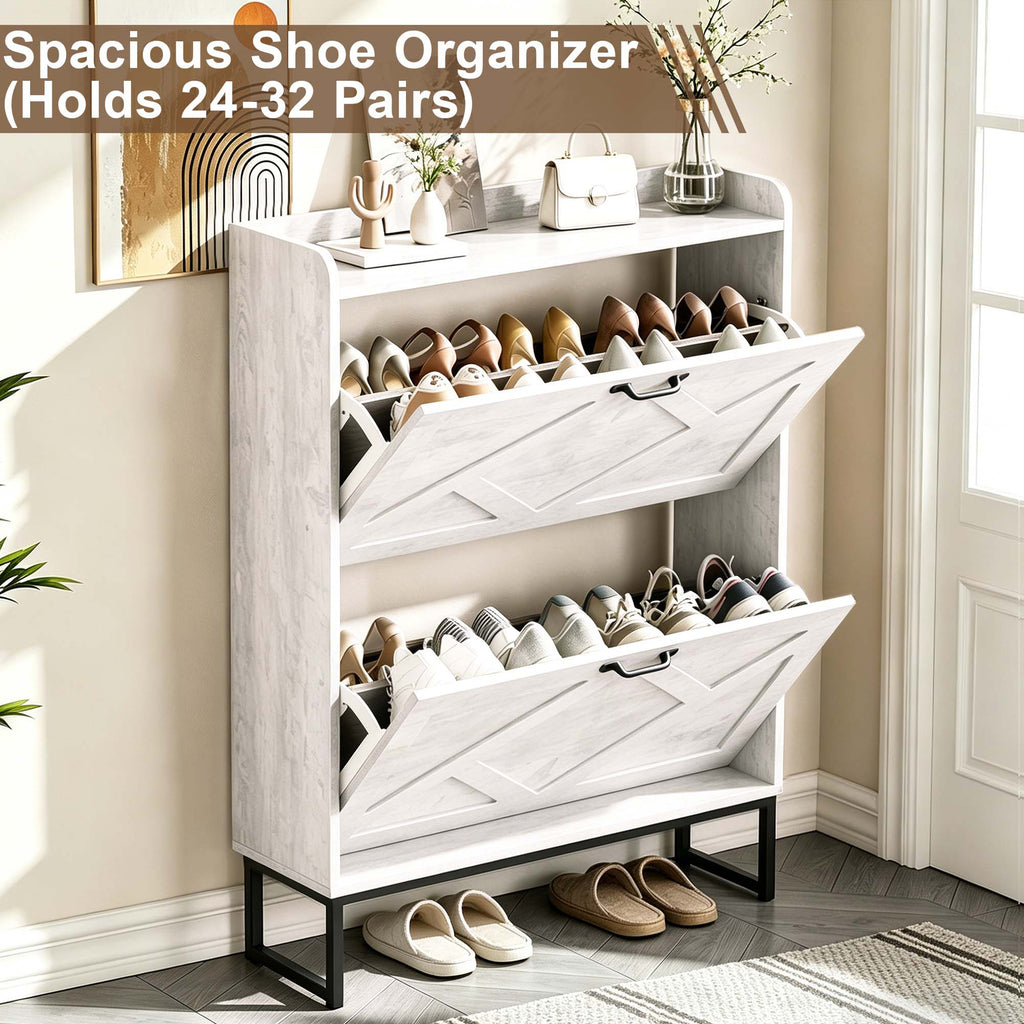 Skyhill Shoe Cabinet with 2 Flip Drawers,Farmhouse Shoe Organizer for Entryway,White