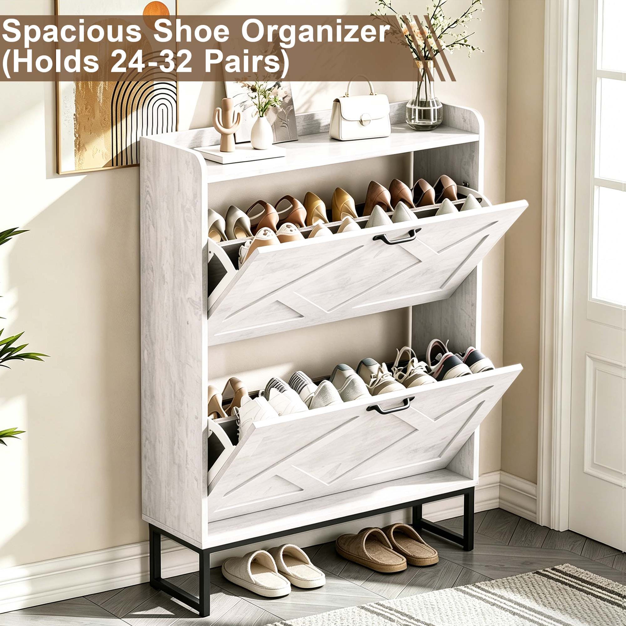 Skyhill Shoe Cabinet with 2 Flip Drawers,Farmhouse Shoe Organizer for Entryway,White