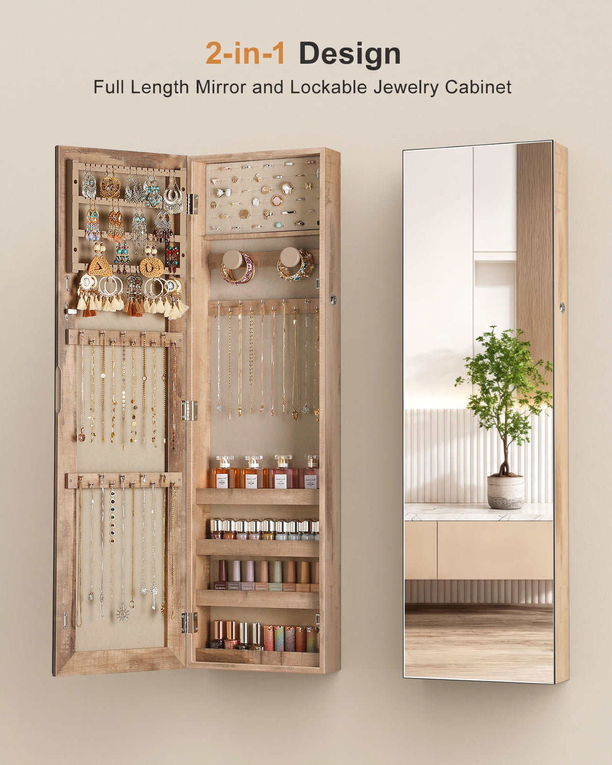 Skyhill Jewelry Cabinet,40in Jewelry Armoire Organizer,Mirror without borders,Door or Wall Mounted（Wood color）