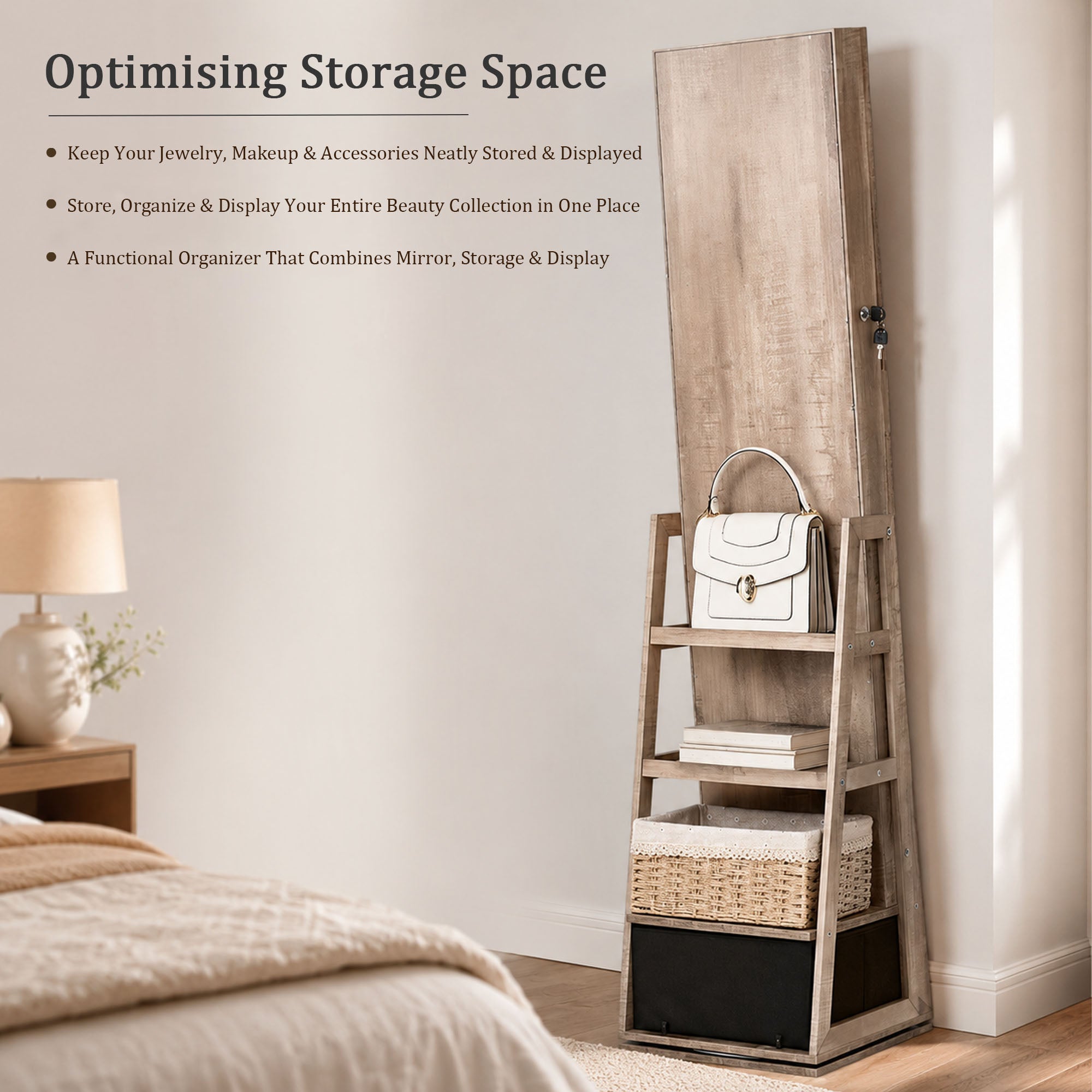 Skyhill 360°Swivel Jewelry Armoire, 60" Full Length Mirror Cabinet with 3 Rear Shelves, Bottom Drawer, Oak