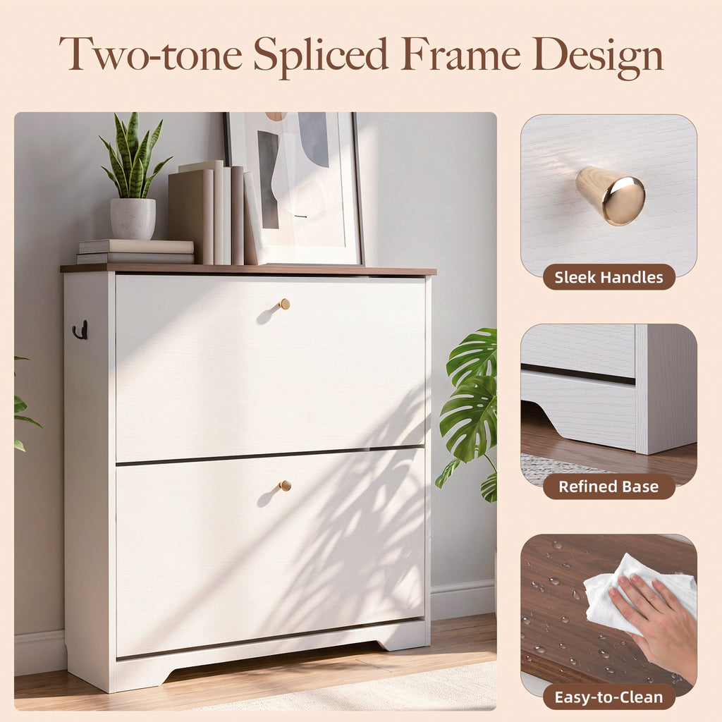 Skyhill Shoe Cabinet with 2 Flip Drawers,Freestanding Shoe Storage Organizer,White & Walnut 2-Tone Narrow Shoe Rack for Entryway,White