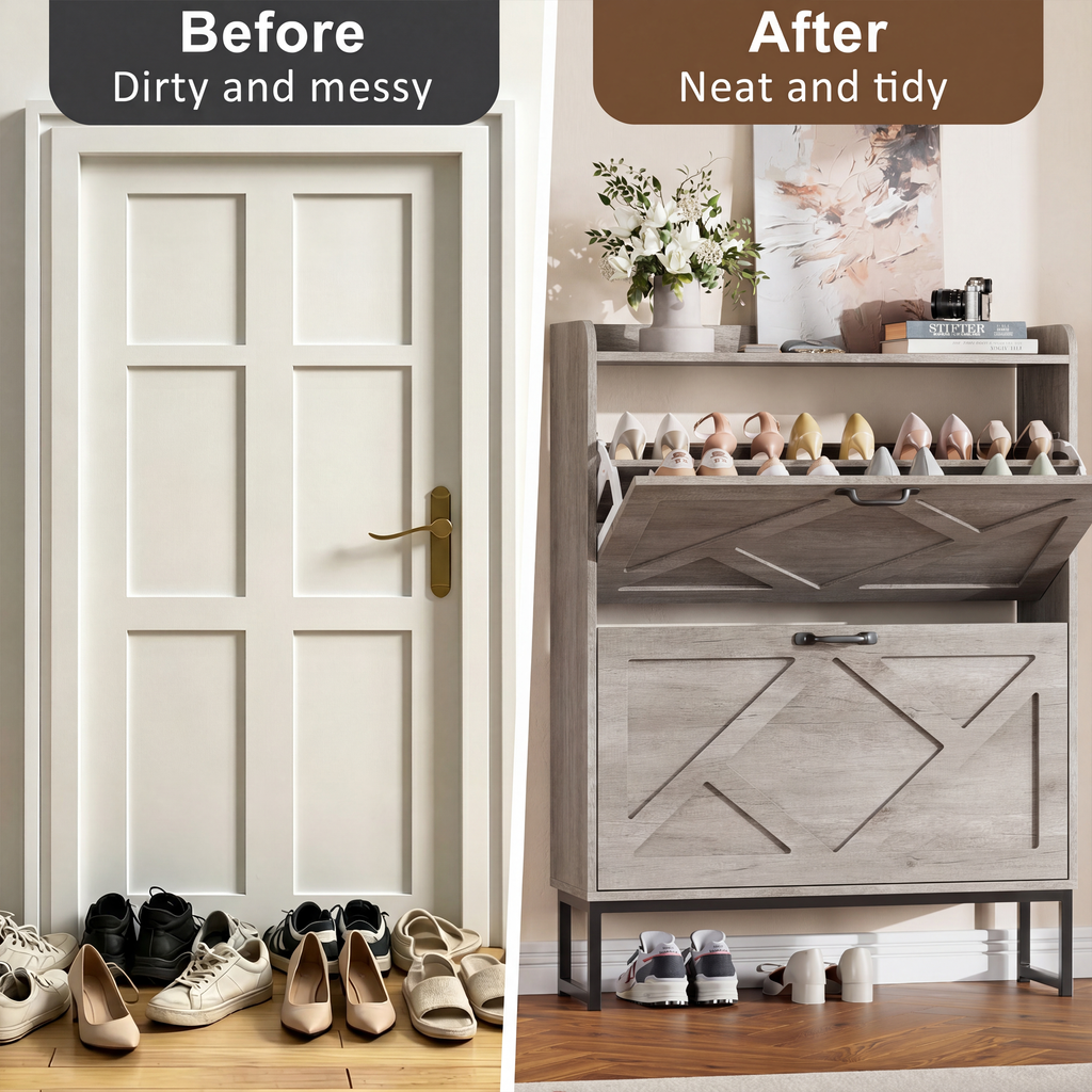 Skyhill Shoe Cabinet with 2 Flip Drawers,Farmhouse Shoe Organizer for Entryway,Gray