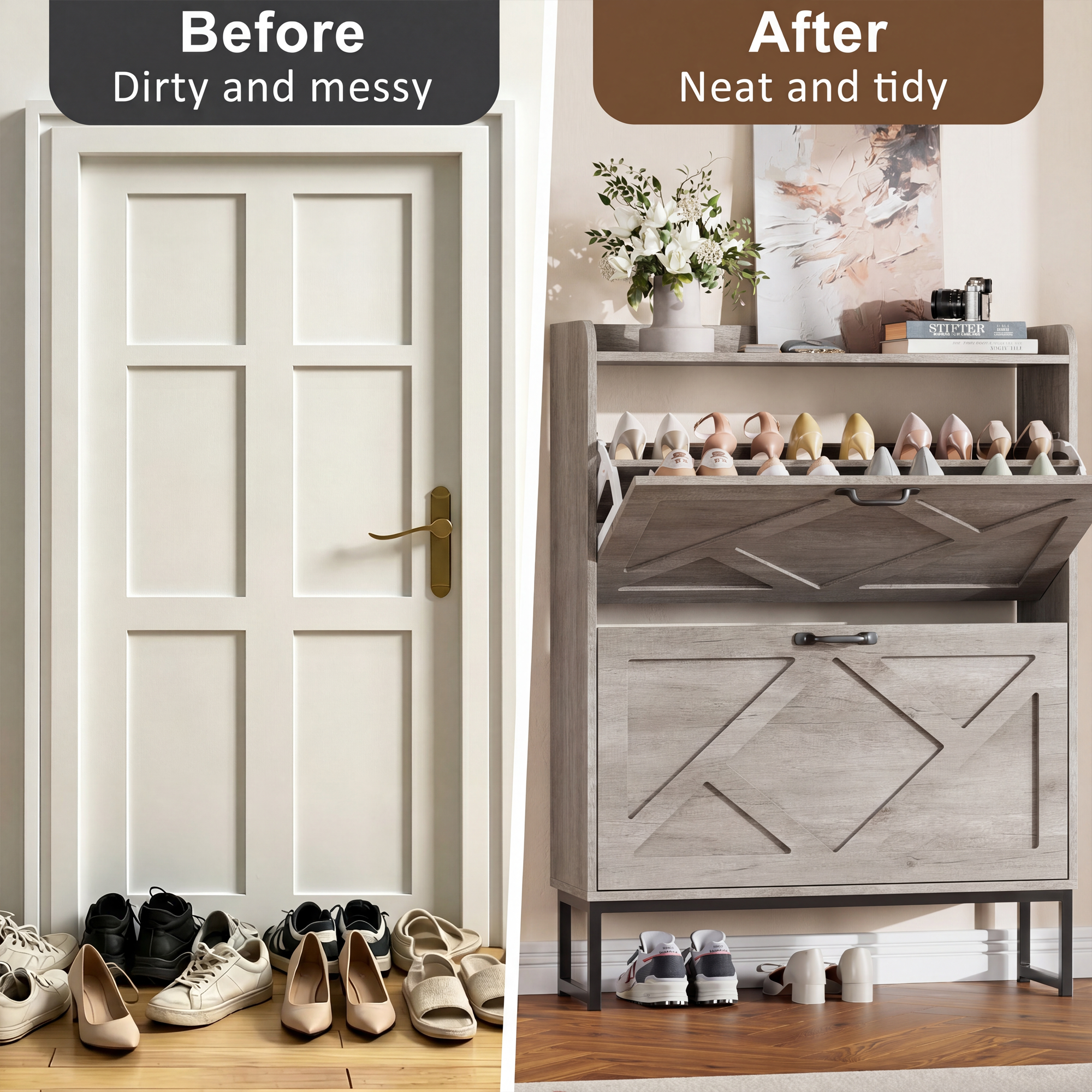 Skyhill Shoe Cabinet with 2 Flip Drawers,Farmhouse Shoe Organizer for Entryway,Gray