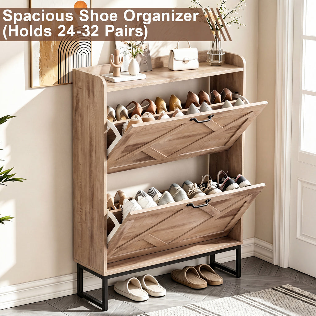 Skyhill Shoe Cabinet with 2 Flip Drawers,Farmhouse Shoe Organizer for Entryway,Oak