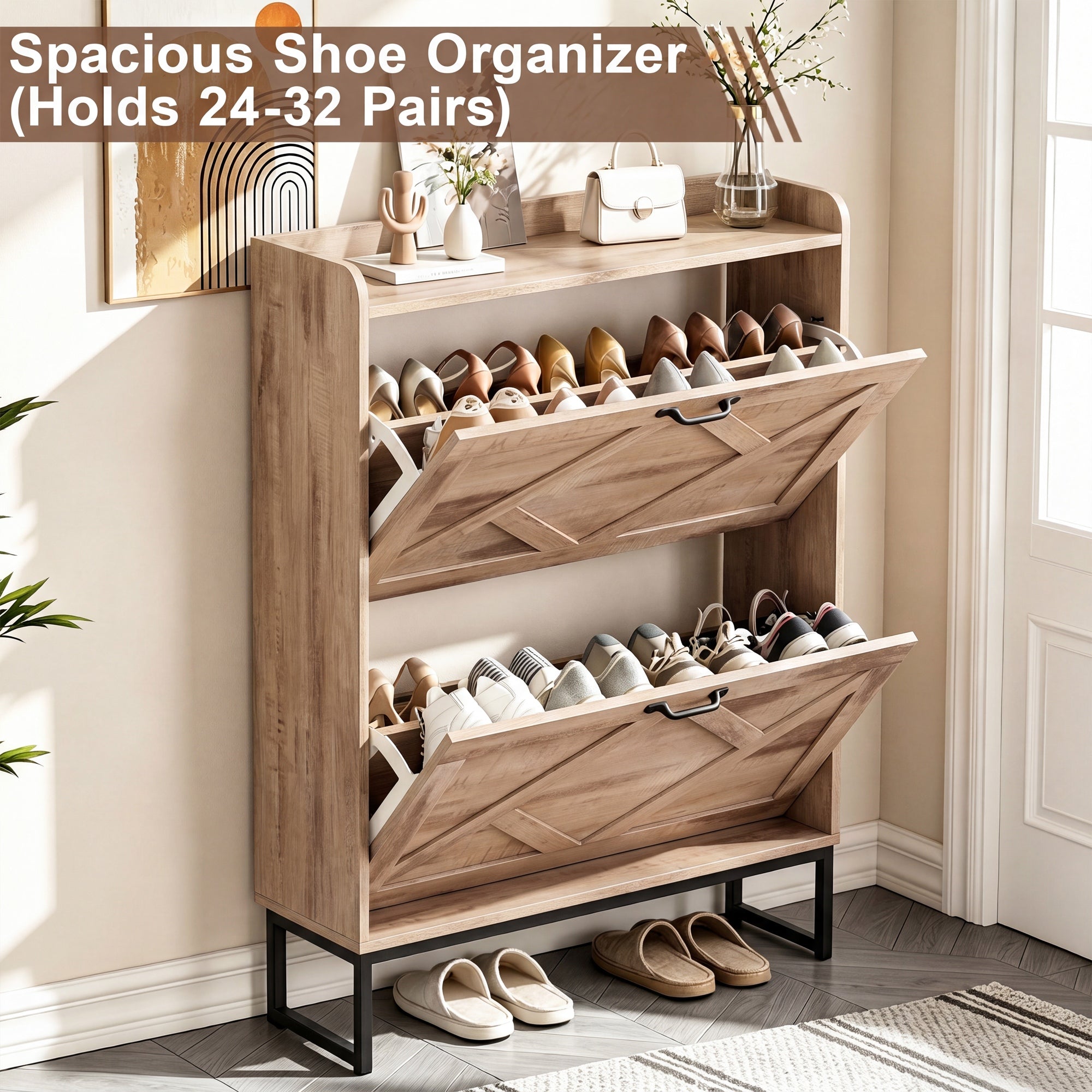 Skyhill Shoe Cabinet with 2 Flip Drawers,Farmhouse Shoe Organizer for Entryway,Oak