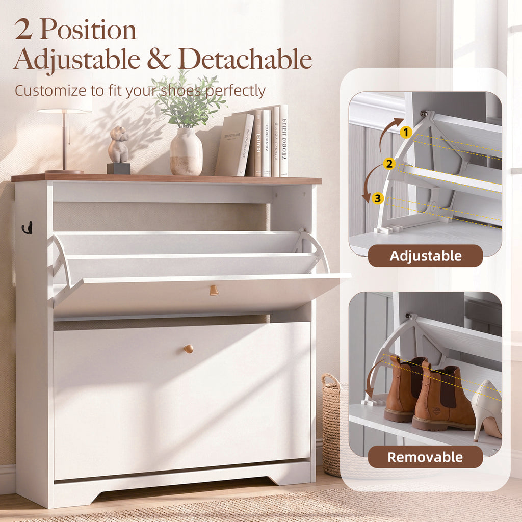 Skyhill Shoe Cabinet with 2 Flip Drawers,Freestanding Shoe Storage Organizer,White & Walnut 2-Tone Narrow Shoe Rack for Entryway,White