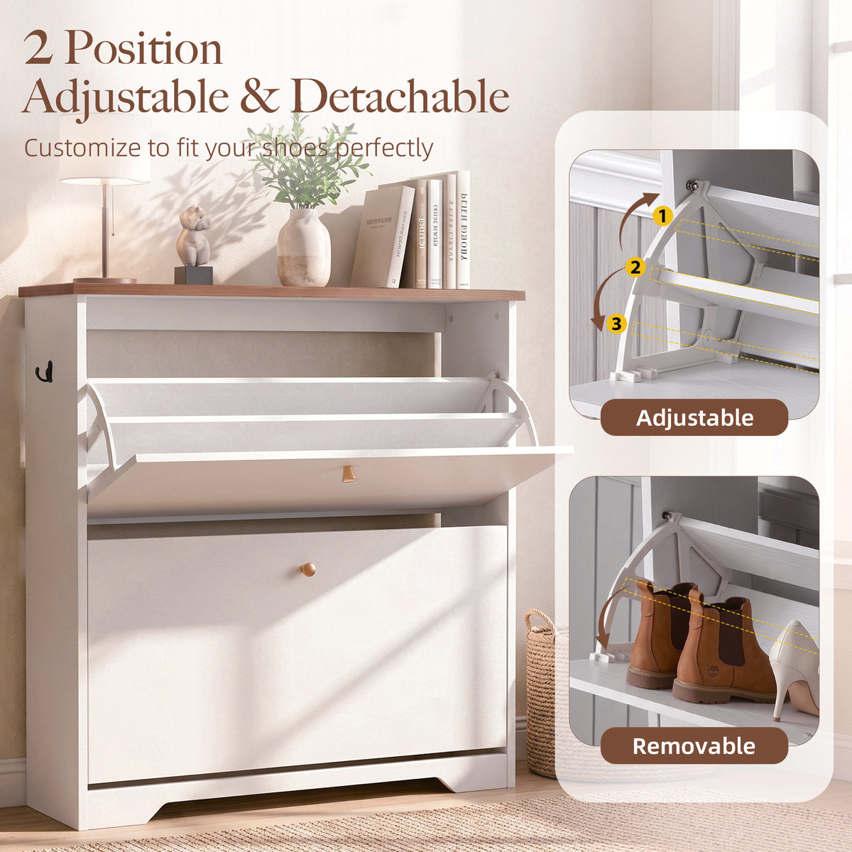 Skyhill Shoe Cabinet with 2 Flip Drawers,Freestanding Shoe Storage Organizer,White & Walnut 2-Tone Narrow Shoe Rack for Entryway,White