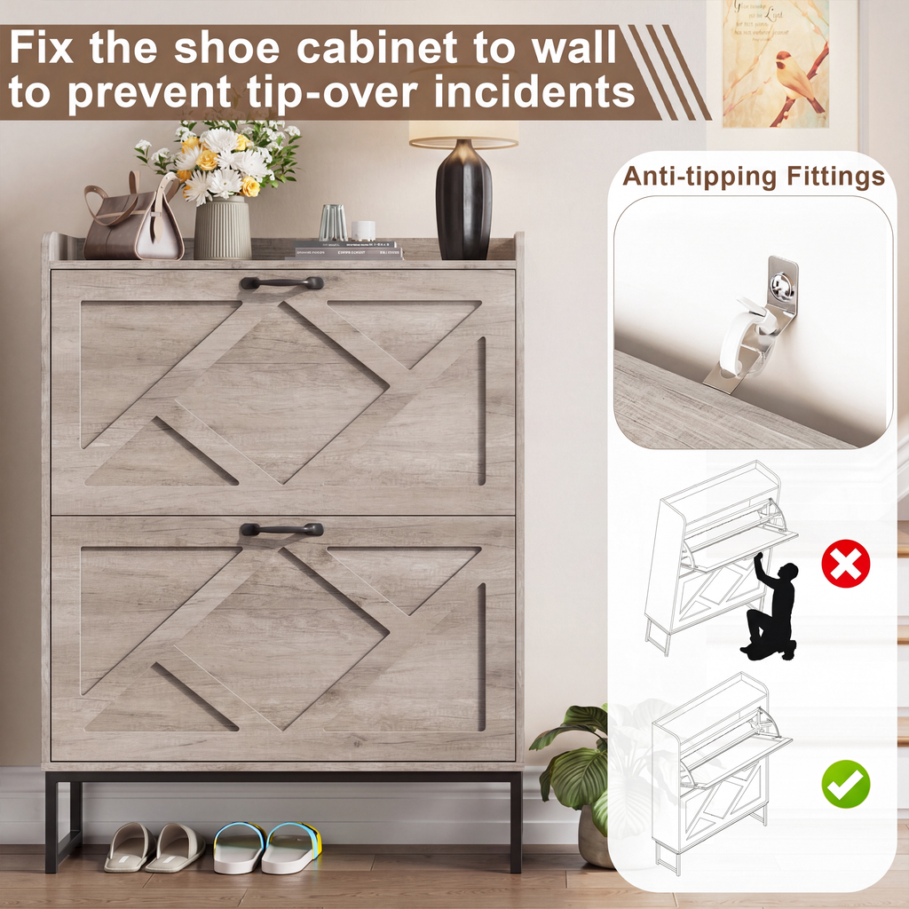 Skyhill Shoe Cabinet with 2 Flip Drawers,Farmhouse Shoe Organizer for Entryway,Gray