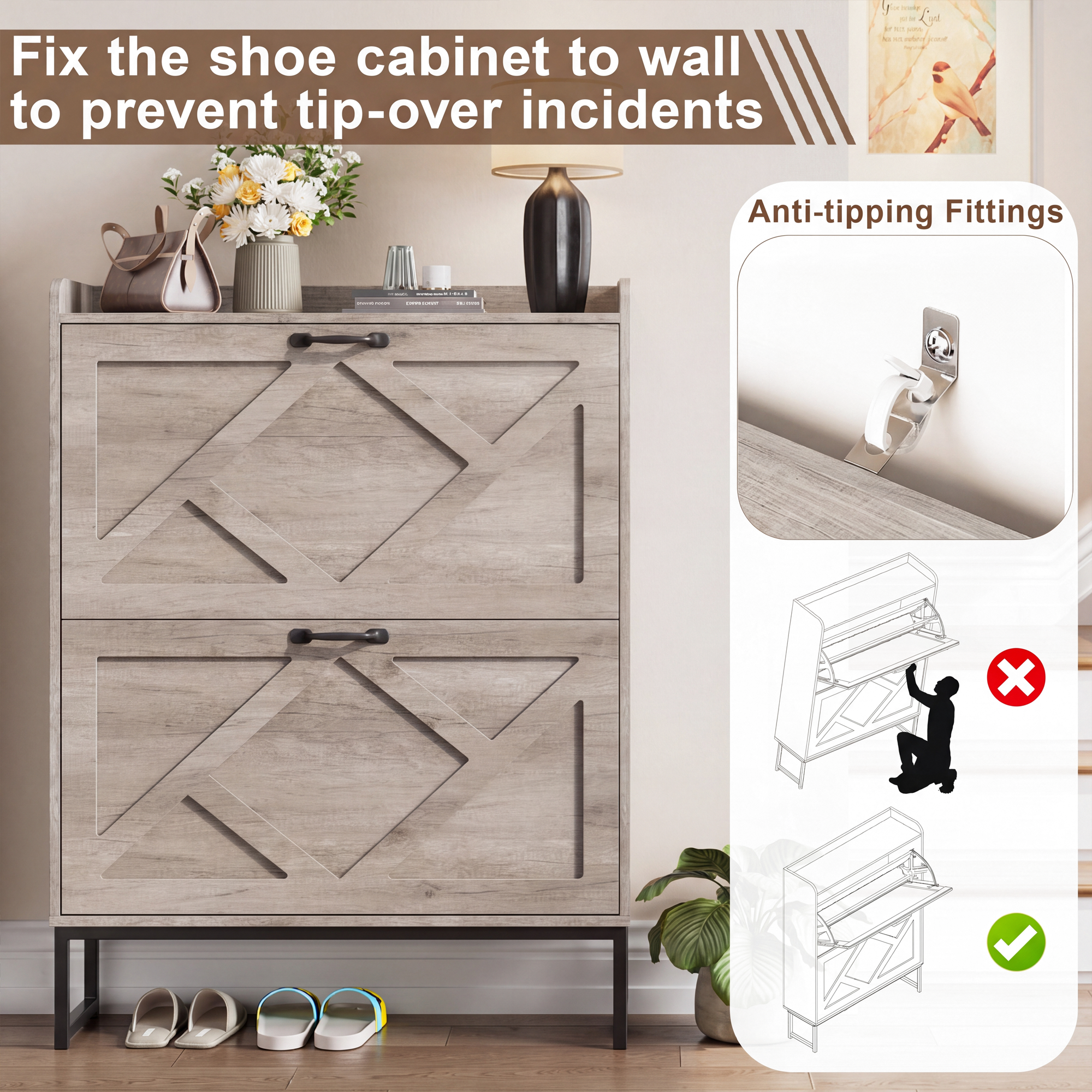 Skyhill Shoe Cabinet with 2 Flip Drawers,Farmhouse Shoe Organizer for Entryway,Gray