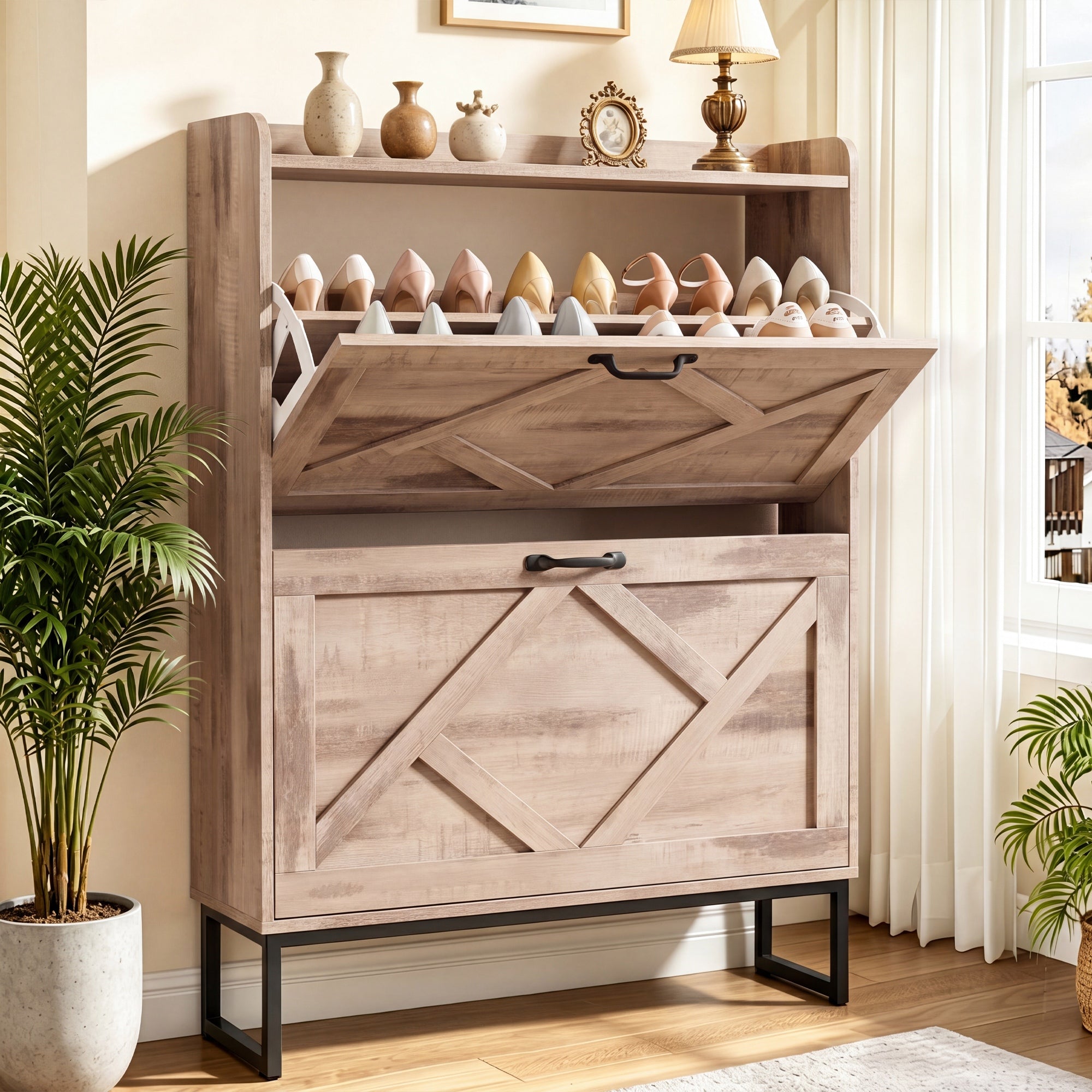 Skyhill Shoe Cabinet with 2 Flip Drawers,Farmhouse Shoe Organizer for Entryway,Oak