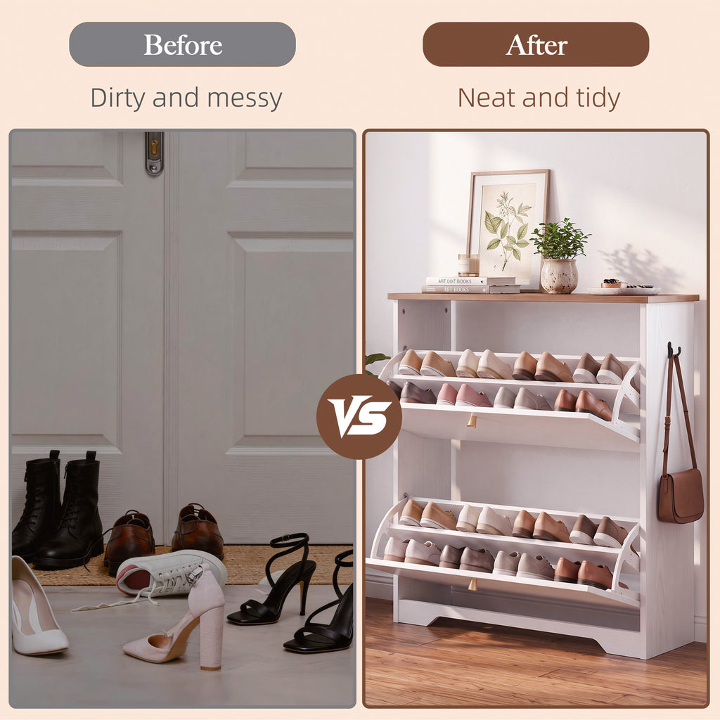 Skyhill Shoe Cabinet with 2 Flip Drawers,Freestanding Shoe Storage Organizer,White & Walnut 2-Tone Narrow Shoe Rack for Entryway,White
