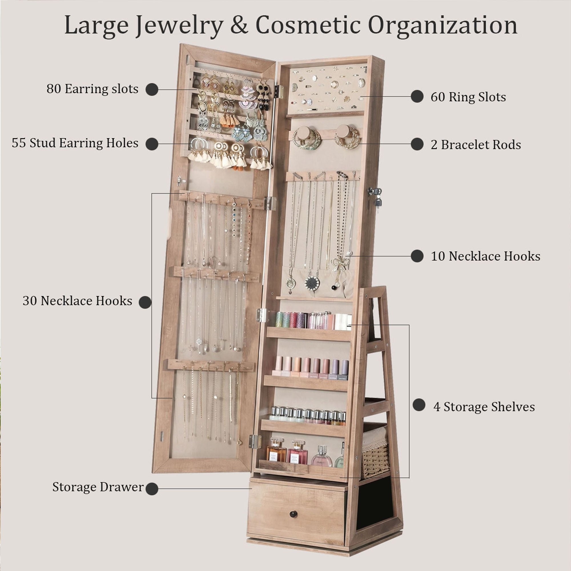 Skyhill 360°Swivel Jewelry Armoire, 60" Full Length Mirror Cabinet with 3 Rear Shelves, Bottom Drawer, Oak