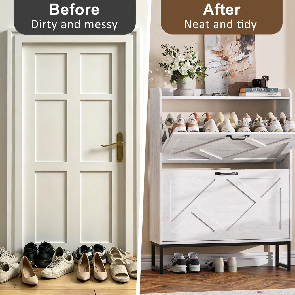 Skyhill Shoe Cabinet with 2 Flip Drawers,Farmhouse Shoe Organizer for Entryway,White